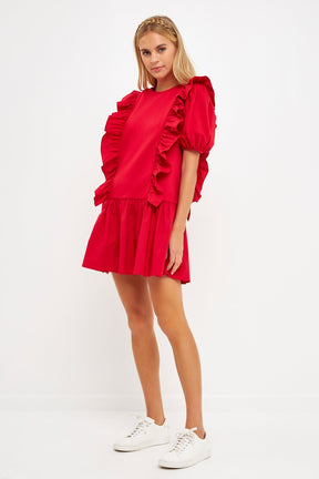 Mixed Media Ruffle Detail Mini Dress