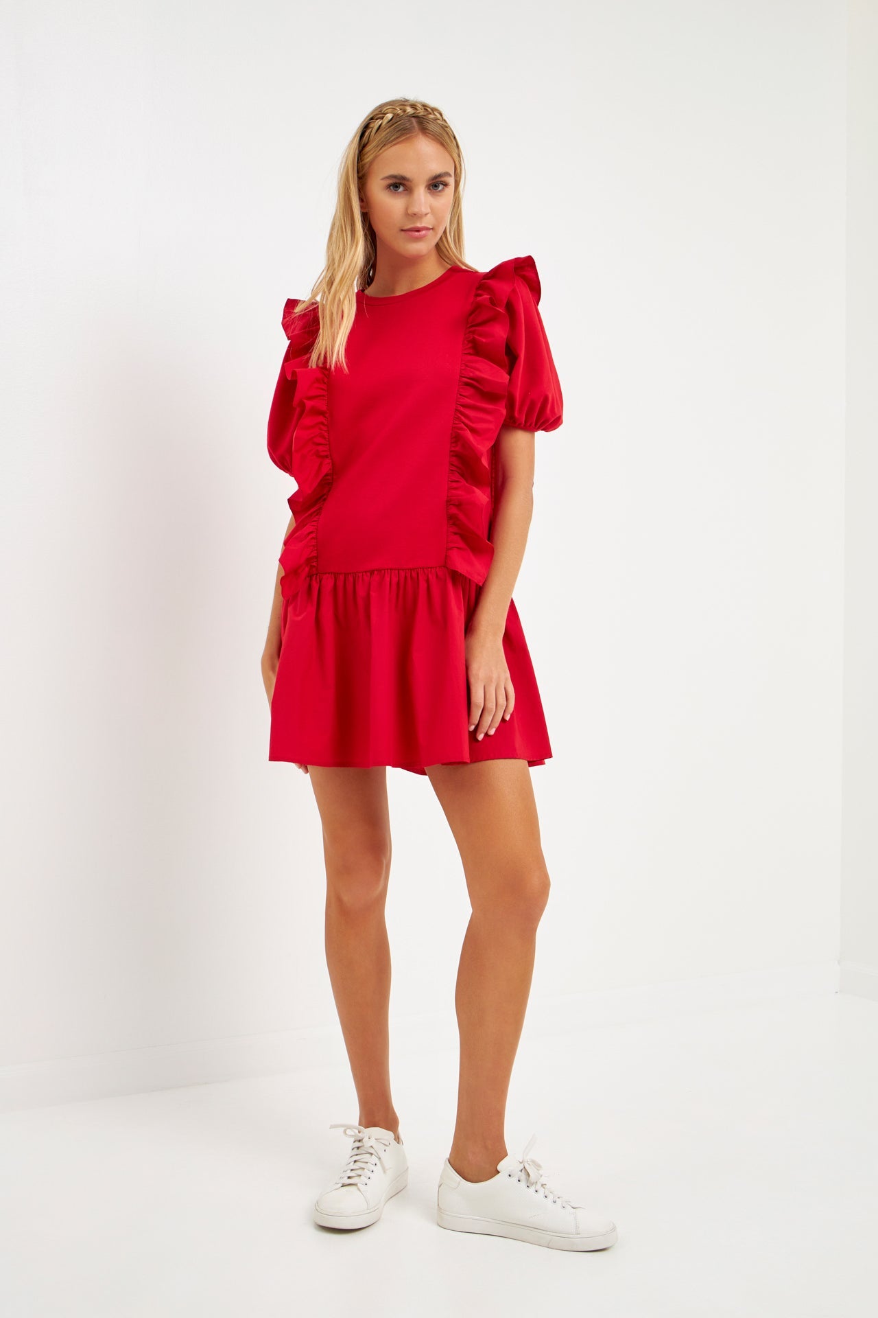 Mixed Media Ruffle Detail Mini Dress