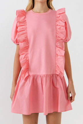 Mixed Media Ruffle Detail Mini Dress