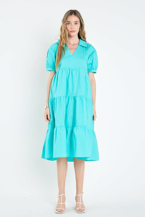 ENGLISH FACTORY - Short Puff Sleeve V-Neck Midi Dress - DRESSES available at Objectrare