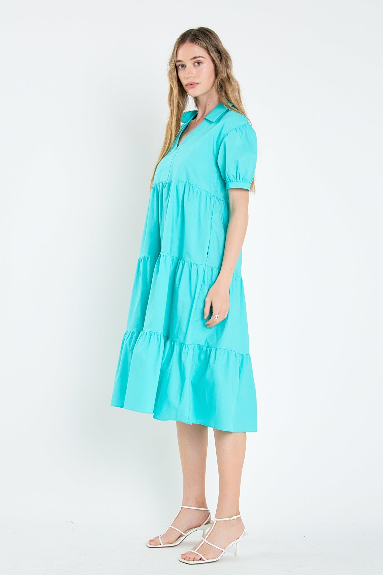 ENGLISH FACTORY - Short Puff Sleeve V-Neck Midi Dress - DRESSES available at Objectrare