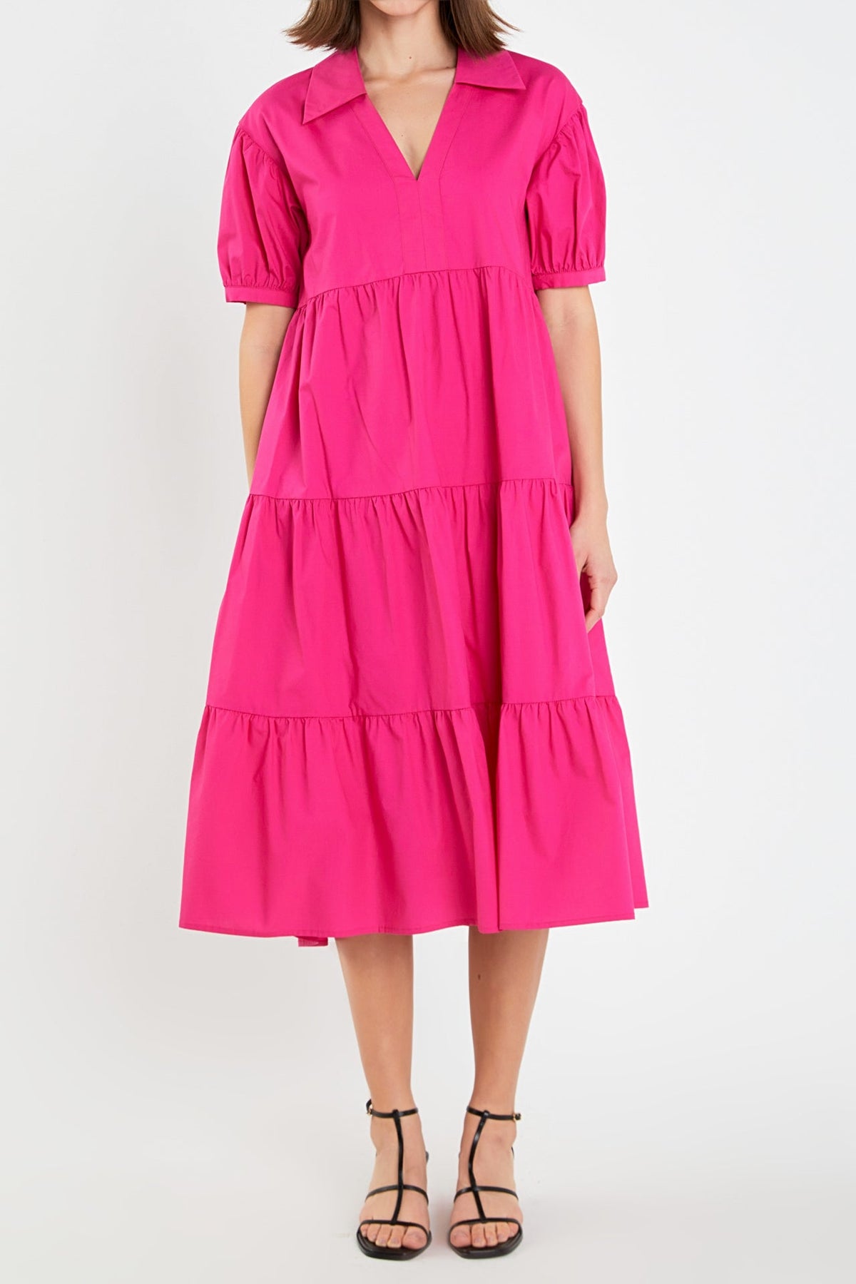 ENGLISH FACTORY - Short Puff Sleeve V-Neck Midi Dress - DRESSES available at Objectrare