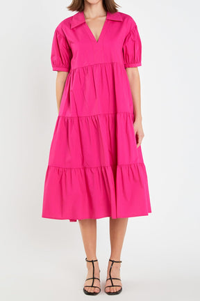 ENGLISH FACTORY - Short Puff Sleeve V-Neck Midi Dress - DRESSES available at Objectrare