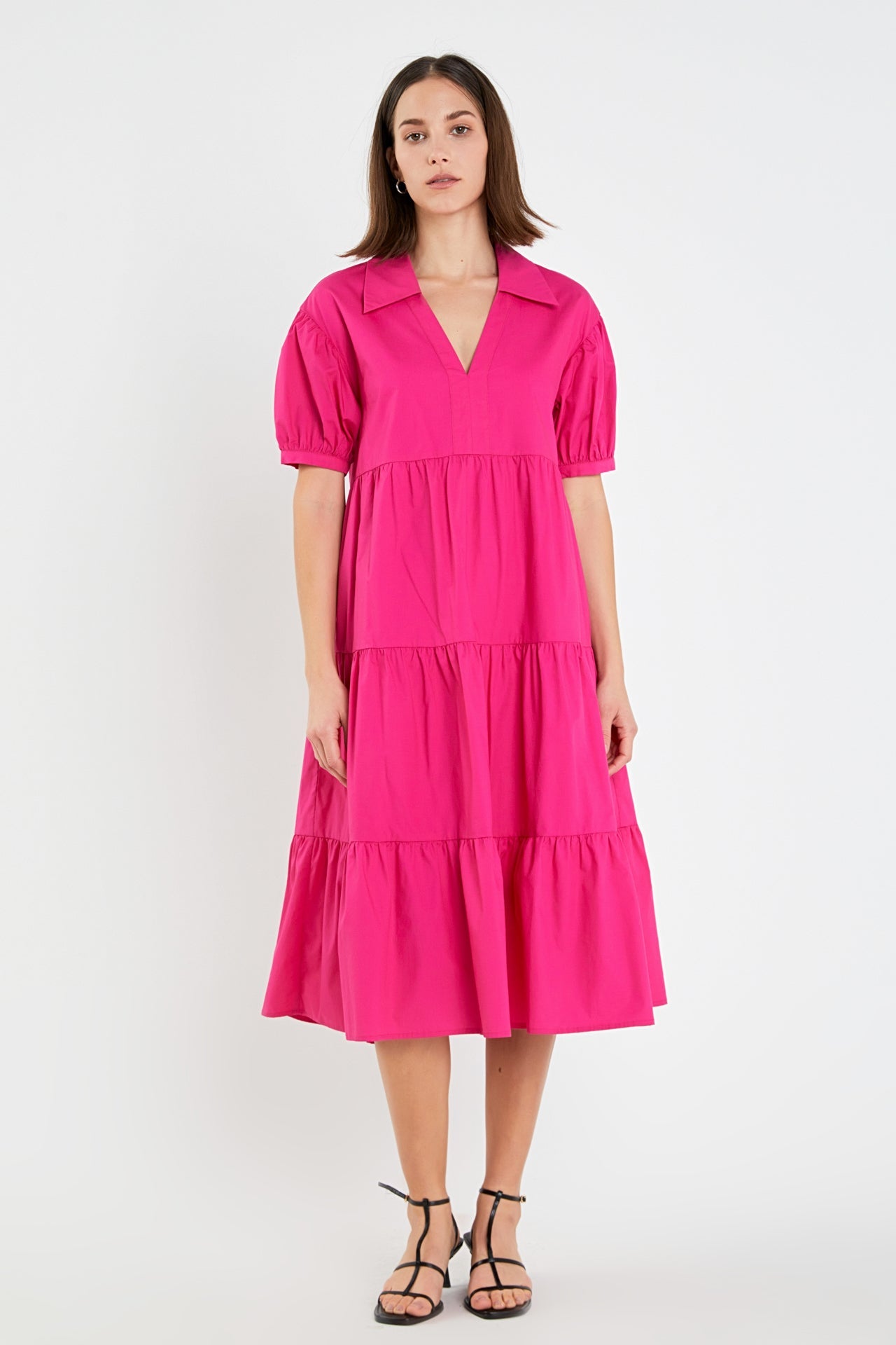 Short Puff Sleeve V-Neck Midi Dress