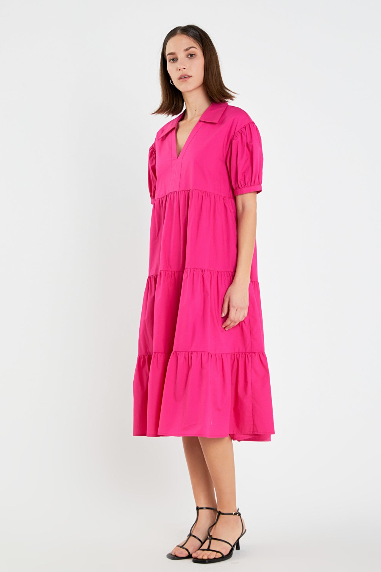 Short Puff Sleeve V-Neck Midi Dress