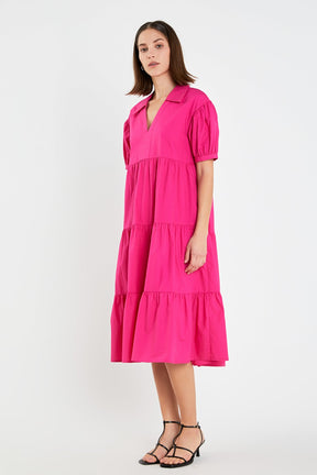 Short Puff Sleeve V-Neck Midi Dress