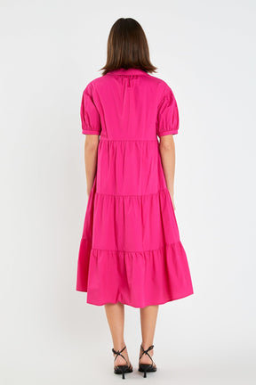 Short Puff Sleeve V-Neck Midi Dress