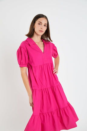 Short Puff Sleeve V-Neck Midi Dress