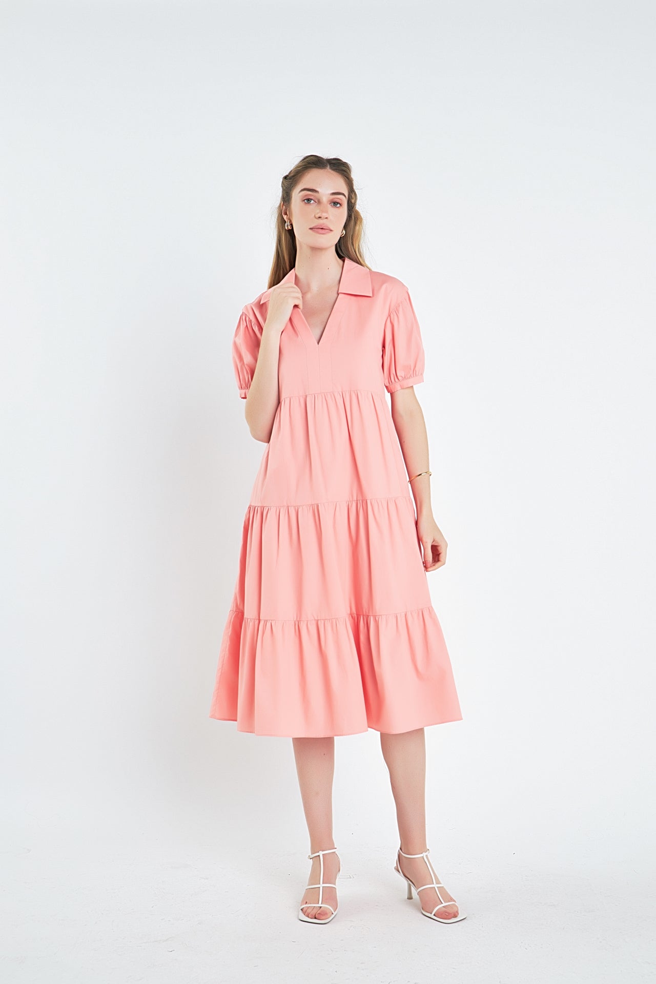 Short Puff Sleeve V-Neck Midi Dress