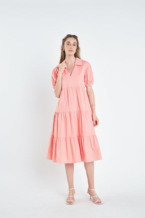 Short Puff Sleeve V-Neck Midi Dress