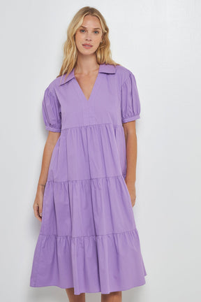 Short Puff Sleeve V-Neck Midi Dress