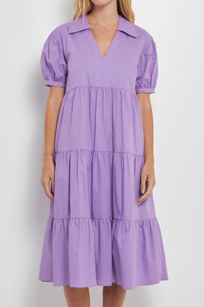 Short Puff Sleeve V-Neck Midi Dress