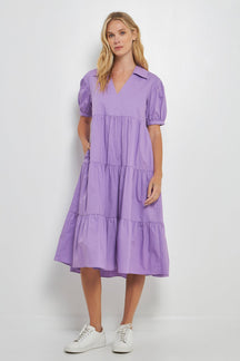 Short Puff Sleeve V-Neck Midi Dress