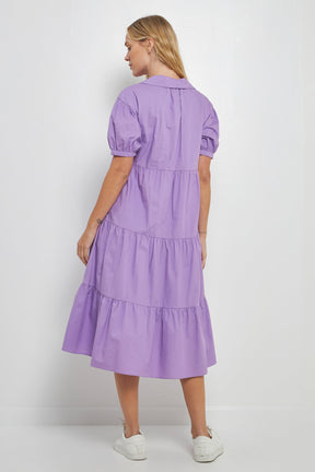 Short Puff Sleeve V-Neck Midi Dress