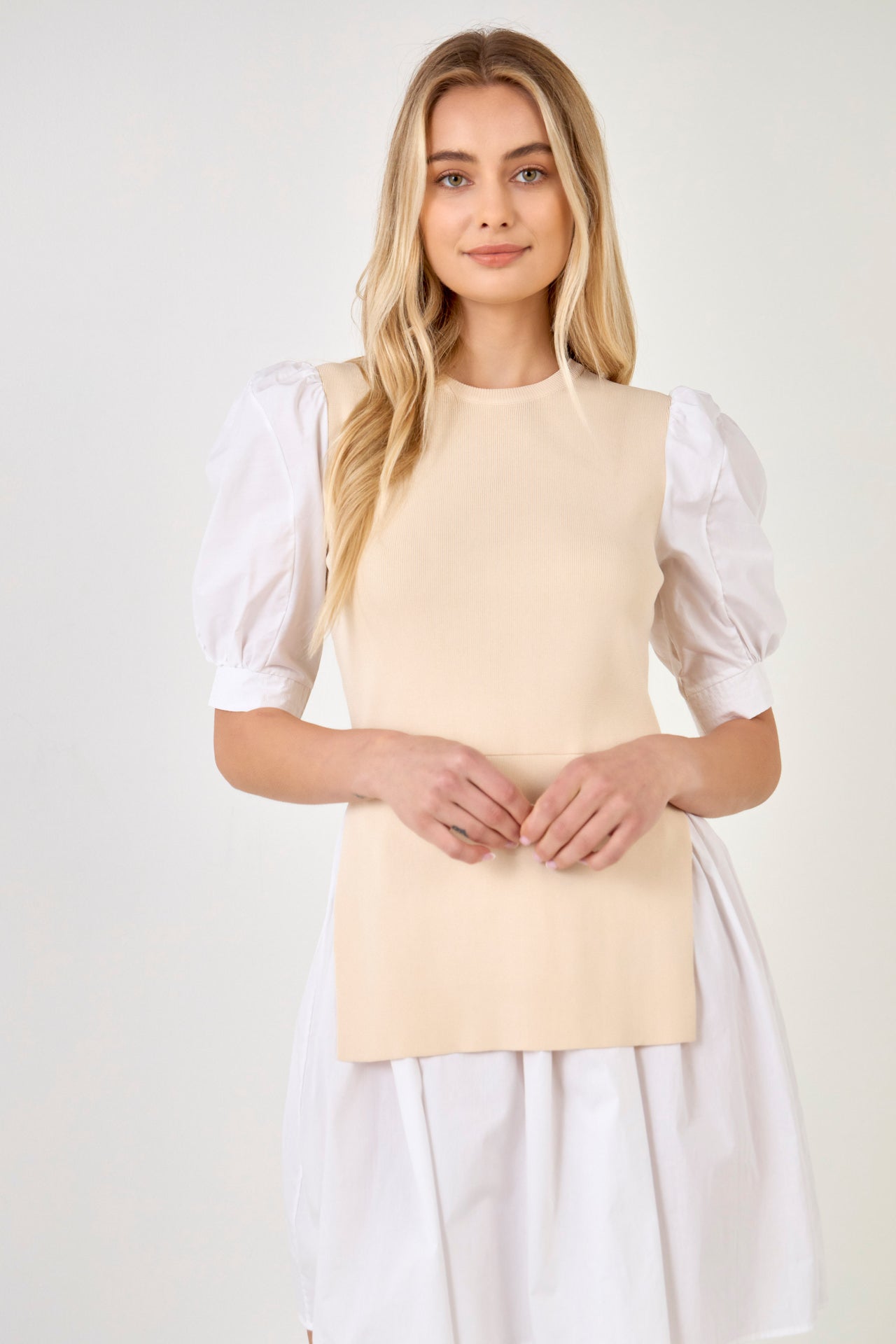 ENGLISH FACTORY - Mixed Media Puff Sleeve Mini Dress - DRESSES available at Objectrare