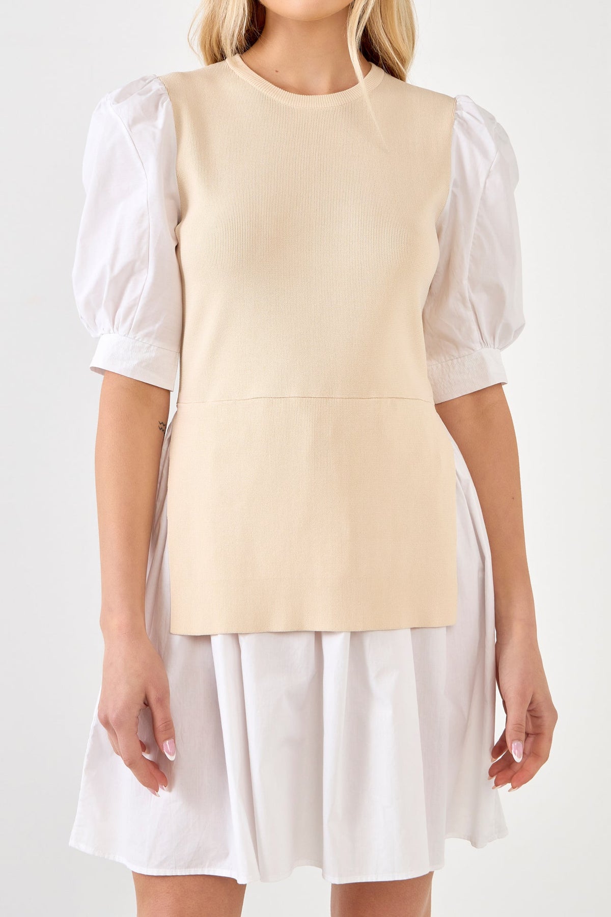 ENGLISH FACTORY - Mixed Media Puff Sleeve Mini Dress - DRESSES available at Objectrare