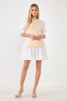 ENGLISH FACTORY - Mixed Media Puff Sleeve Mini Dress - DRESSES available at Objectrare