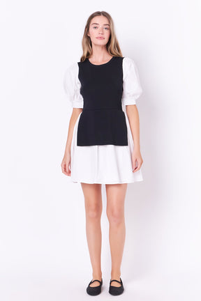 ENGLISH FACTORY - Mixed Media Puff Sleeve Mini Dress - DRESSES available at Objectrare