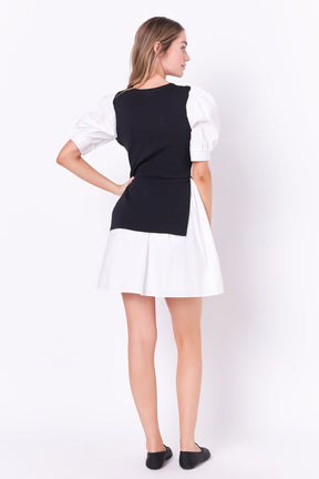 ENGLISH FACTORY - Mixed Media Puff Sleeve Mini Dress - DRESSES available at Objectrare
