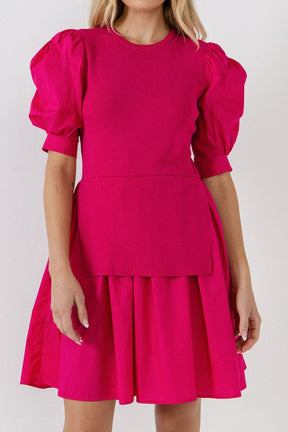 ENGLISH FACTORY - Mixed Media Puff Sleeve Mini Dress - DRESSES available at Objectrare