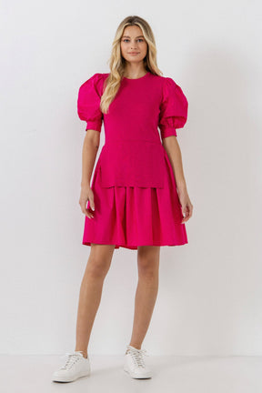 ENGLISH FACTORY - Mixed Media Puff Sleeve Mini Dress - DRESSES available at Objectrare