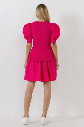 ENGLISH FACTORY - Mixed Media Puff Sleeve Mini Dress - DRESSES available at Objectrare