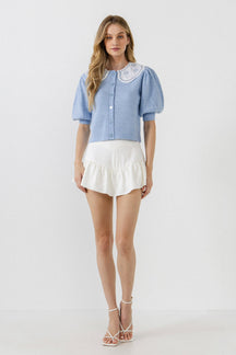 ENGLISH FACTORY - Collar Detail Short Puff Sleeve Cardigan - SWEATERS & KNITS available at Objectrare