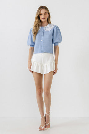 ENGLISH FACTORY - Collar Detail Short Puff Sleeve Cardigan - SWEATERS & KNITS available at Objectrare