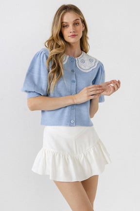 ENGLISH FACTORY - Collar Detail Short Puff Sleeve Cardigan - SWEATERS & KNITS available at Objectrare