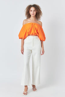 Cropped V-neckline Puff Top