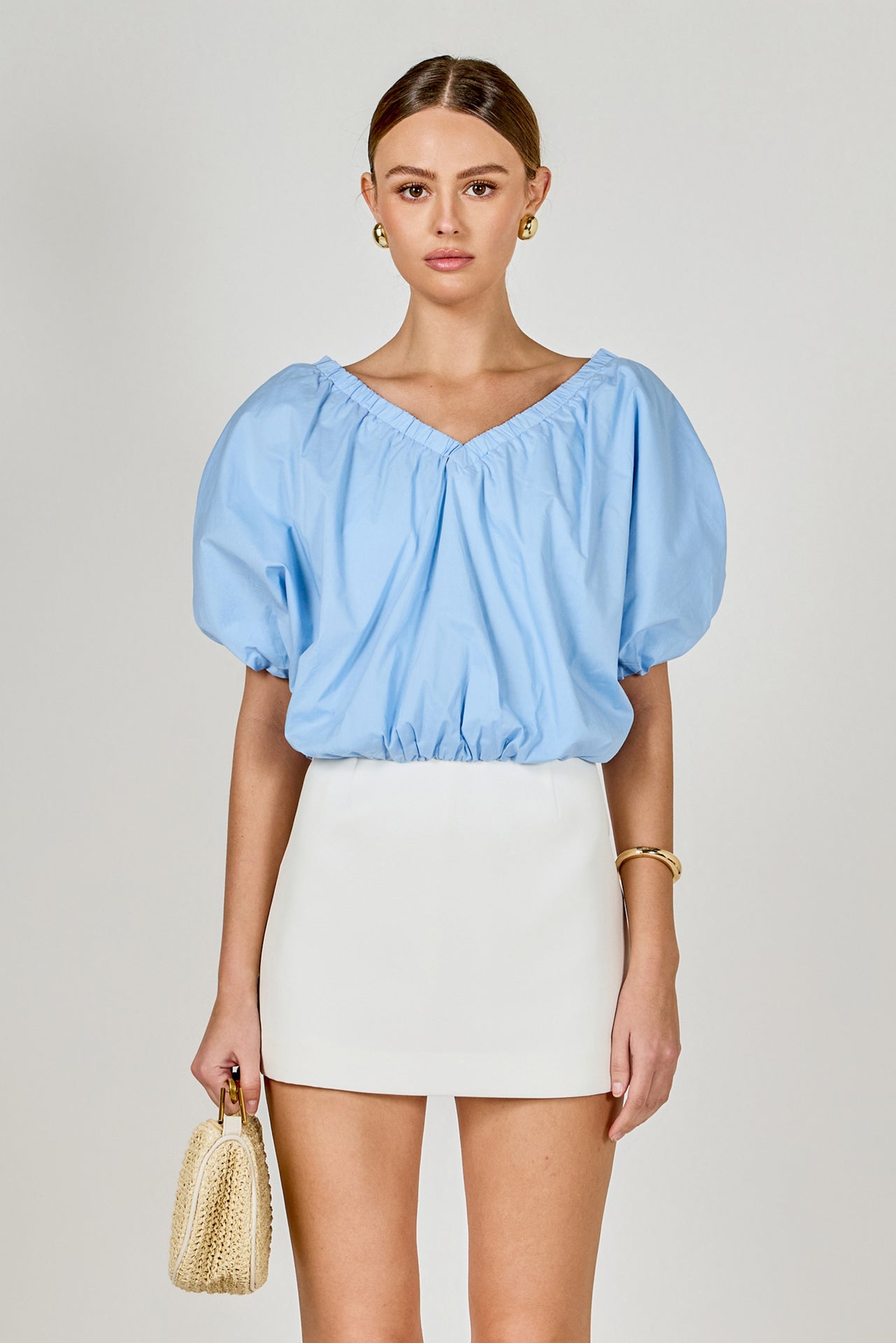 Cropped V-neckline Puff Top