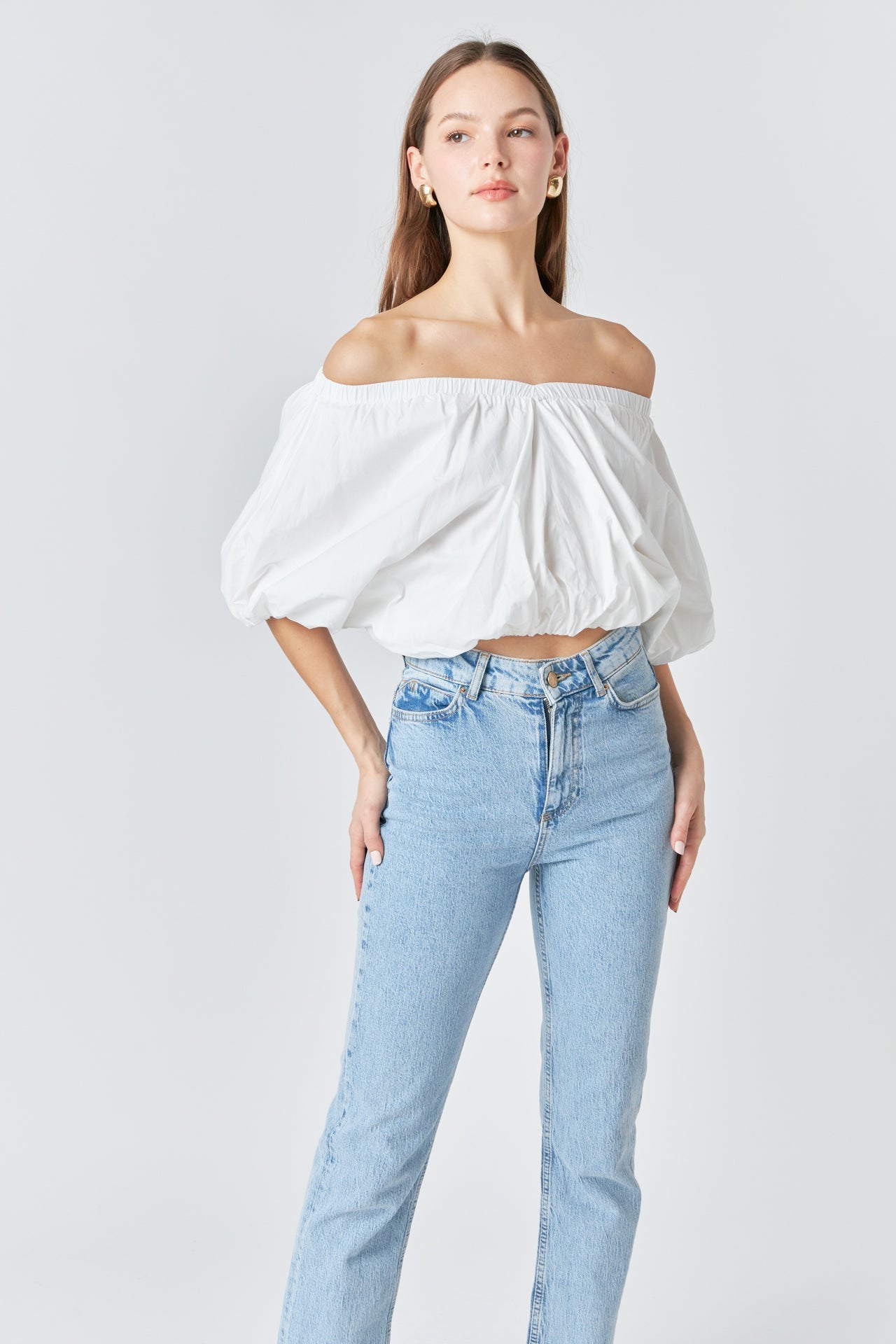 ENDLESS ROSE - Cropped V-neckline Puff Top - TOPS available at Objectrare