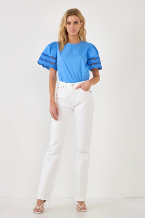 ENGLISH FACTORY - Mixed Media Lace Trim Knit Top - TOPS available at Objectrare