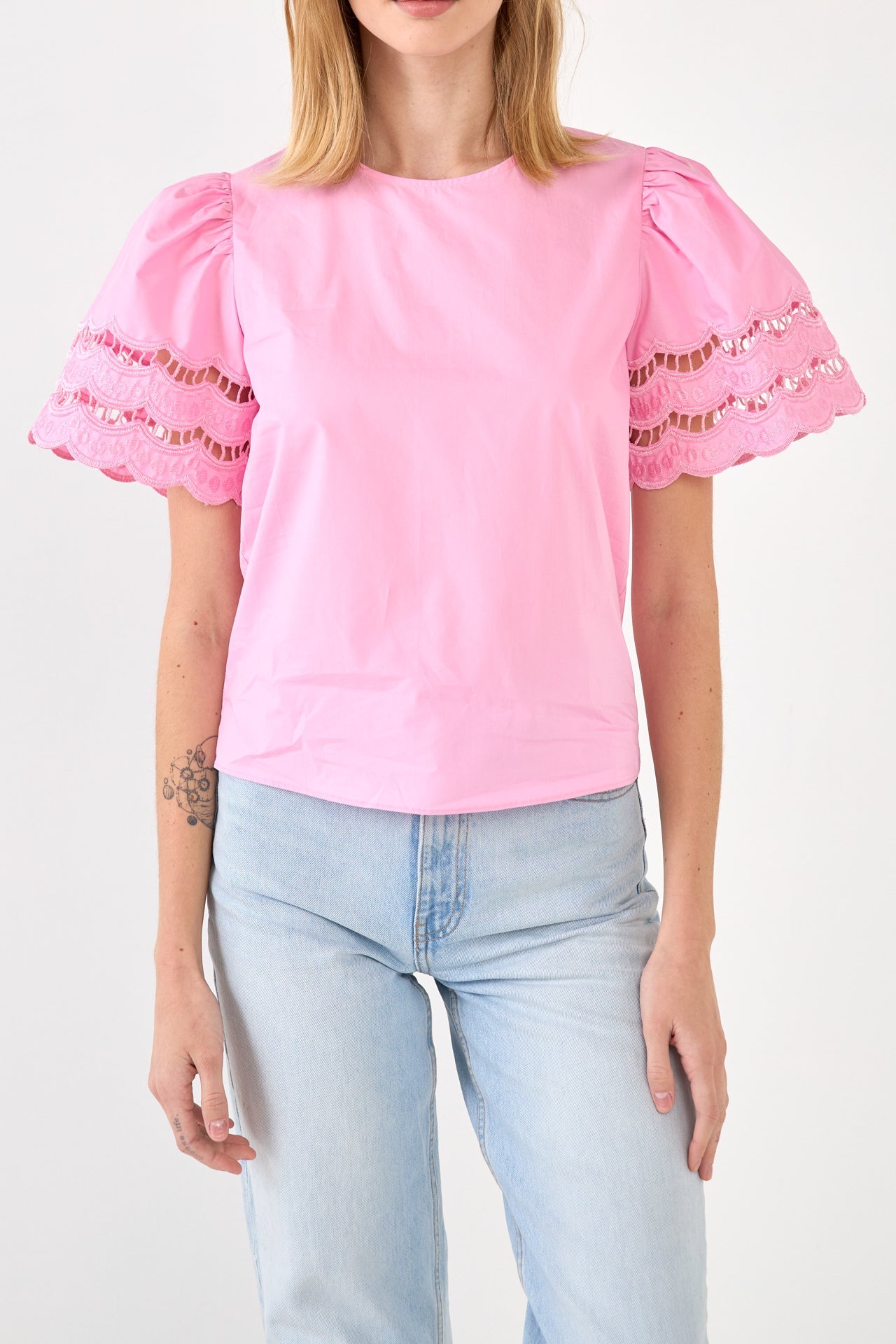 ENGLISH FACTORY - Mixed Media Lace Trim Knit Top - TOPS available at Objectrare