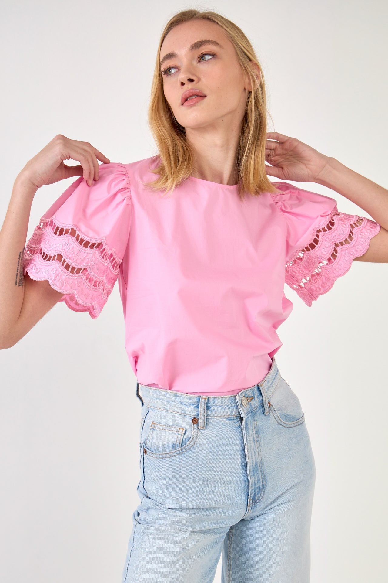 ENGLISH FACTORY - Mixed Media Lace Trim Knit Top - TOPS available at Objectrare