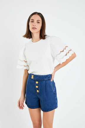 ENGLISH FACTORY - Mixed Media Lace Trim Knit Top - TOPS available at Objectrare