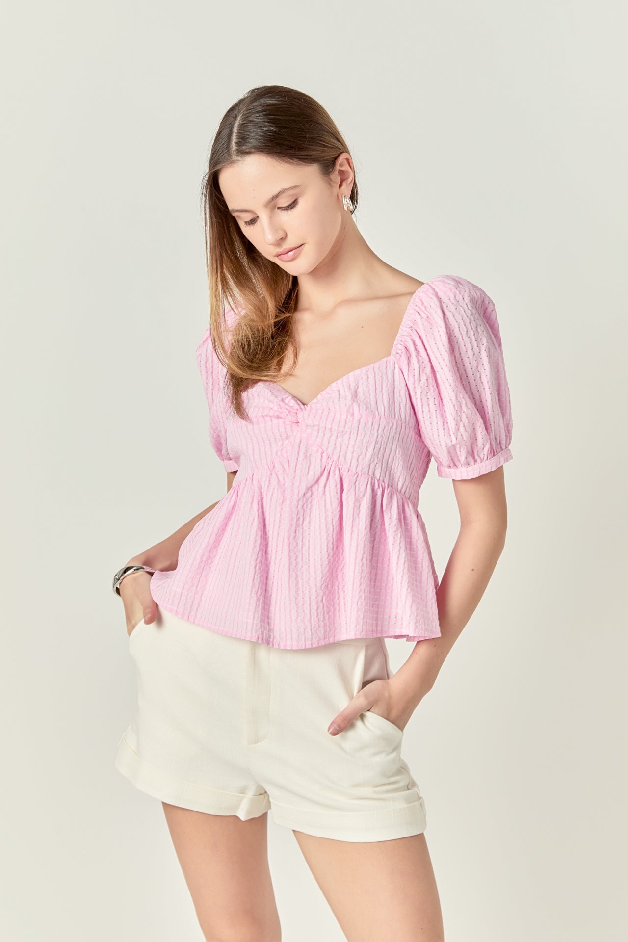 ENGLISH FACTORY - Check Print Puff Sleeve Top - TOPS available at Objectrare