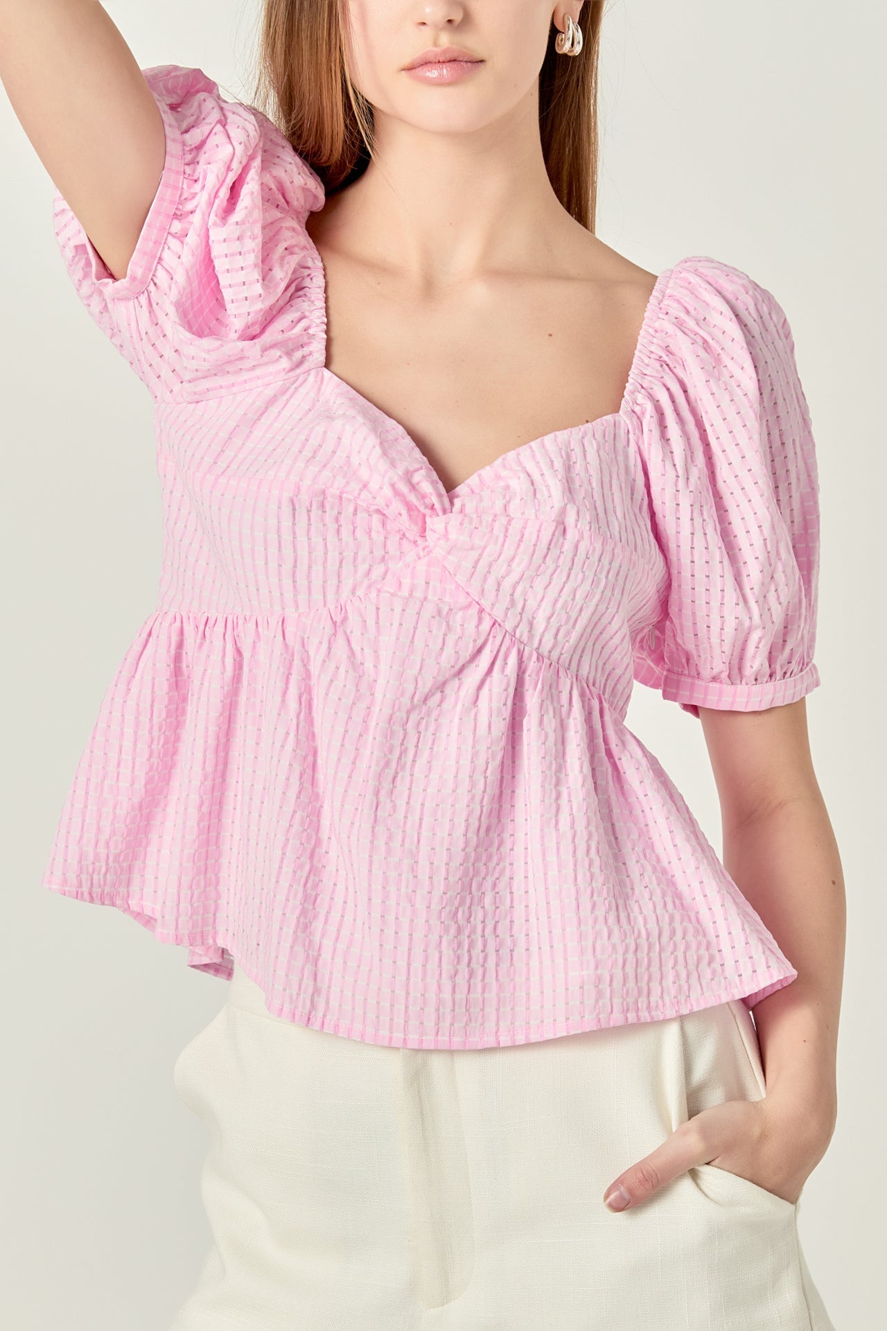 ENGLISH FACTORY - Check Print Puff Sleeve Top - TOPS available at Objectrare