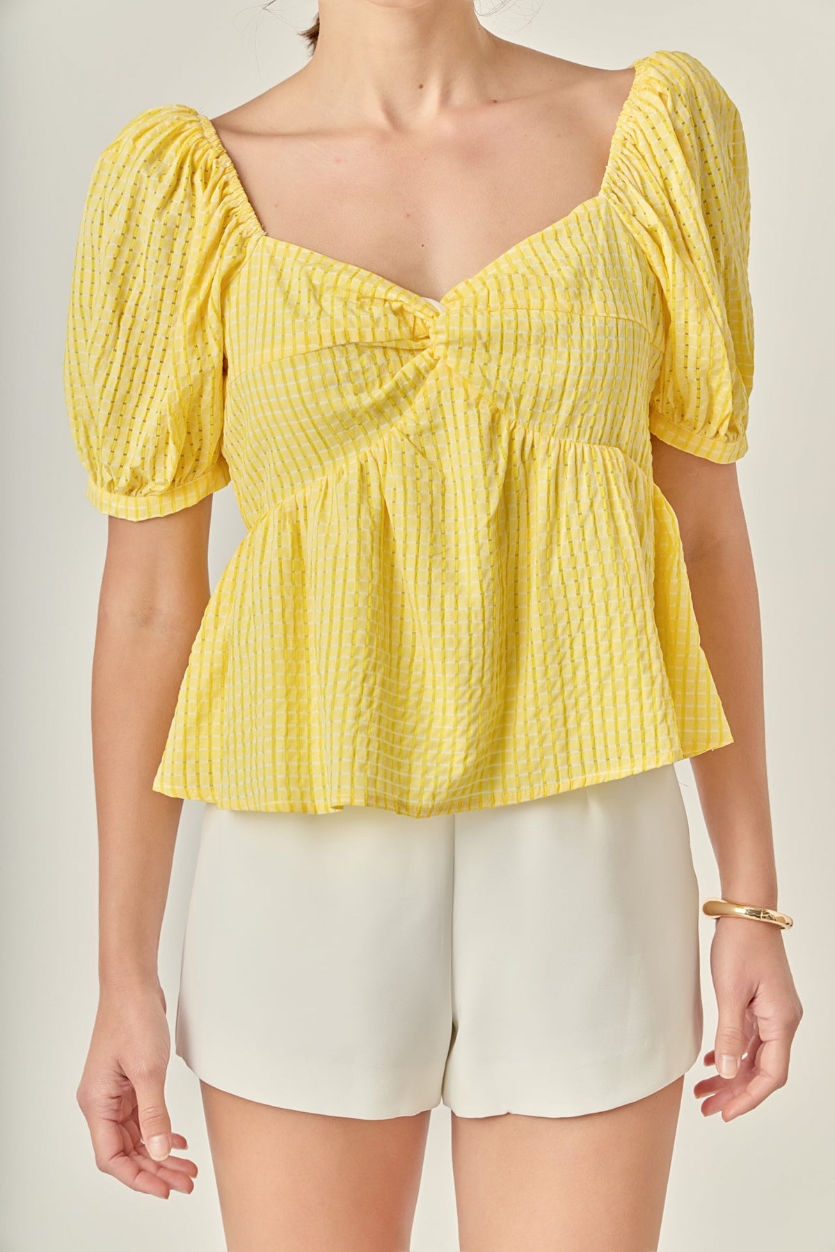 Check Print Puff Sleeve Top