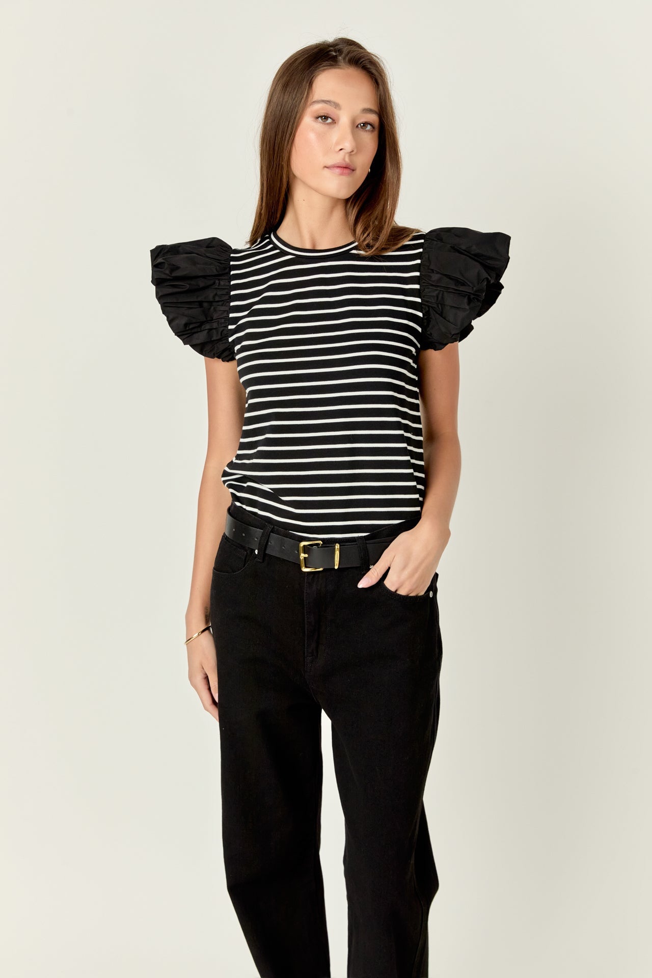 ENGLISH FACTORY - English Factory - Striped Knit with Poplin Puff Sleeve Top - TOPS available at Objectrare