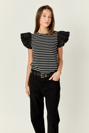 ENGLISH FACTORY - English Factory - Stripe Knit with Poplin Puff Sleeve Top - TOPS available at Objectrare