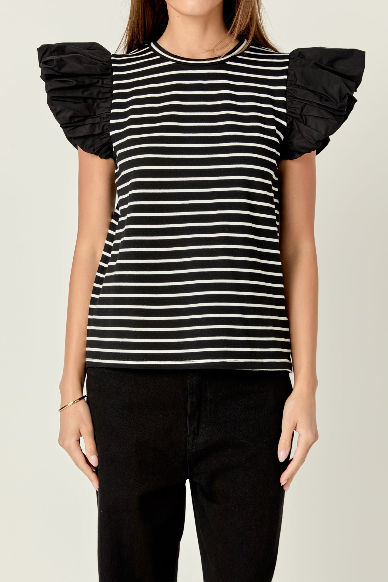 ENGLISH FACTORY - English Factory - Striped Knit with Poplin Puff Sleeve Top - TOPS available at Objectrare