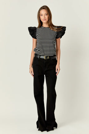 ENGLISH FACTORY - English Factory - Striped Knit with Poplin Puff Sleeve Top - TOPS available at Objectrare