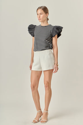 ENGLISH FACTORY - Stripe Knit with Poplin Puff Sleeve Top - TOPS available at Objectrare