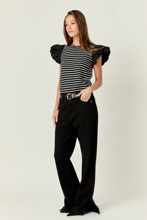 ENGLISH FACTORY - English Factory - Striped Knit with Poplin Puff Sleeve Top - TOPS available at Objectrare