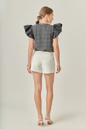 ENGLISH FACTORY - Stripe Knit with Poplin Puff Sleeve Top - TOPS available at Objectrare