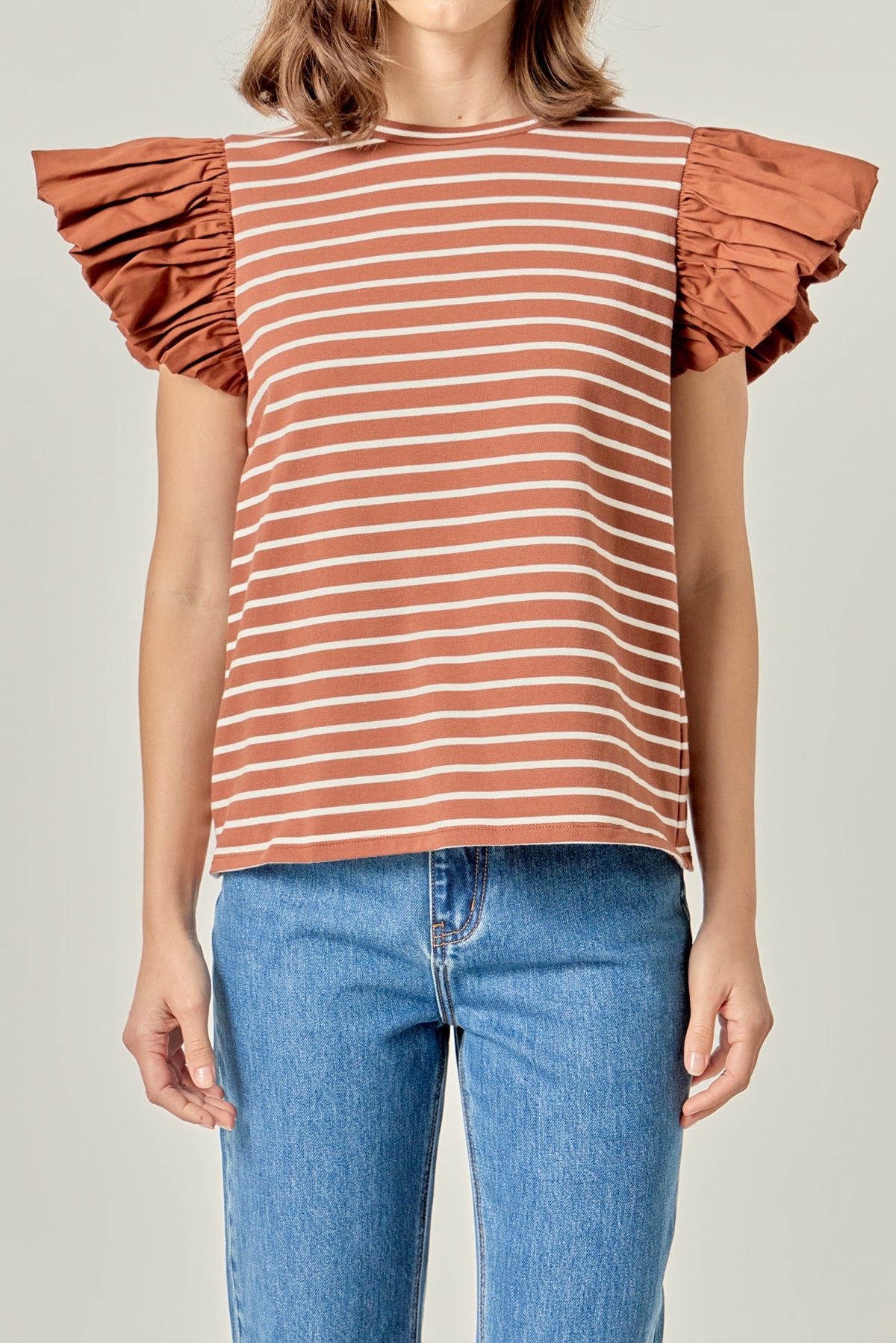 ENGLISH FACTORY - Stripe Knit with Poplin Puff Sleeve Top - TOPS available at Objectrare
