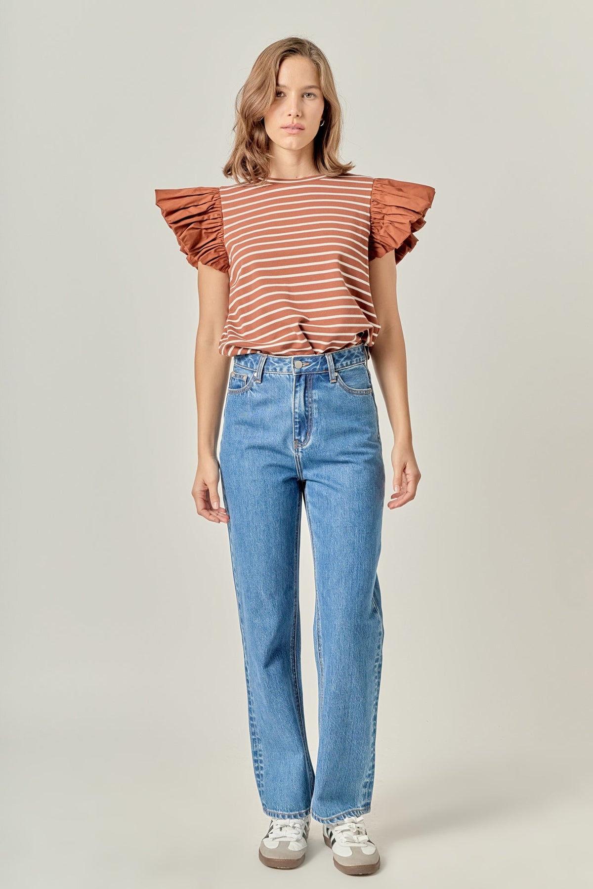 ENGLISH FACTORY - Stripe Knit with Poplin Puff Sleeve Top - TOPS available at Objectrare