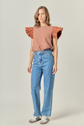 ENGLISH FACTORY - Stripe Knit with Poplin Puff Sleeve Top - TOPS available at Objectrare