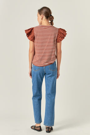 ENGLISH FACTORY - Stripe Knit with Poplin Puff Sleeve Top - TOPS available at Objectrare